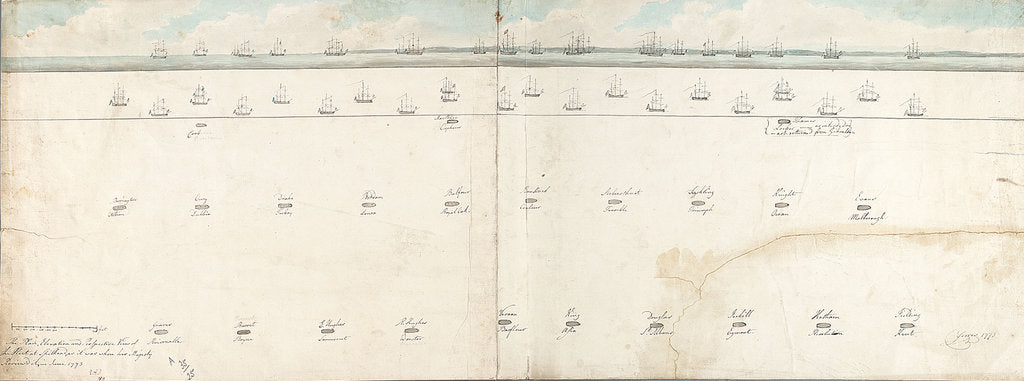 Detail of The plan, elevation and perspective view of the fleet at Spithead 1773 by Dominic Serres