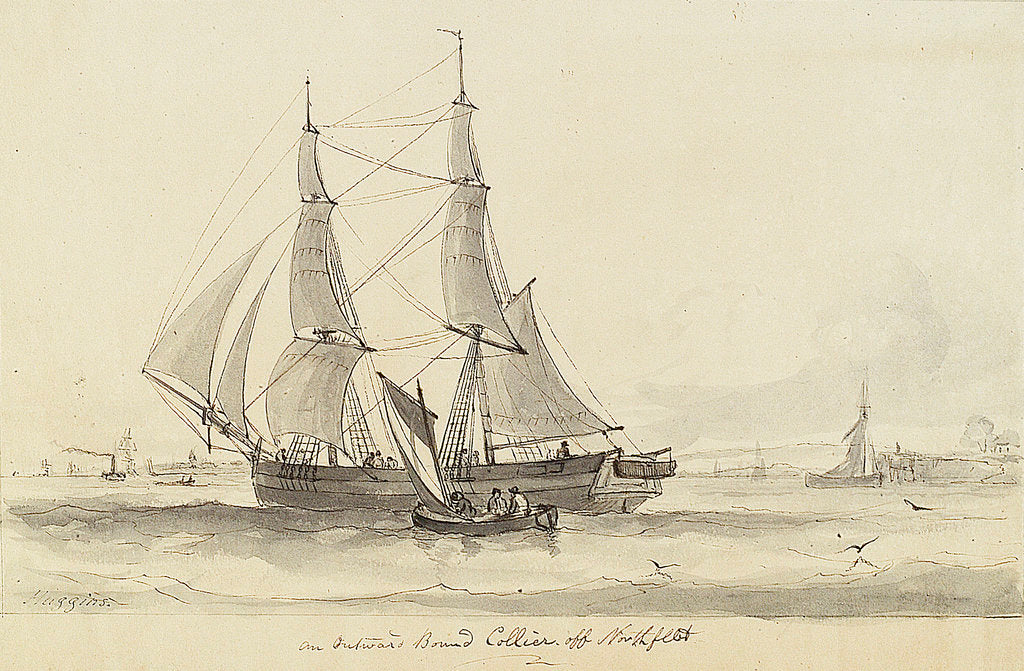 Detail of View of an outward bound collier off Northfleet and small single sail vessel by William John Huggins