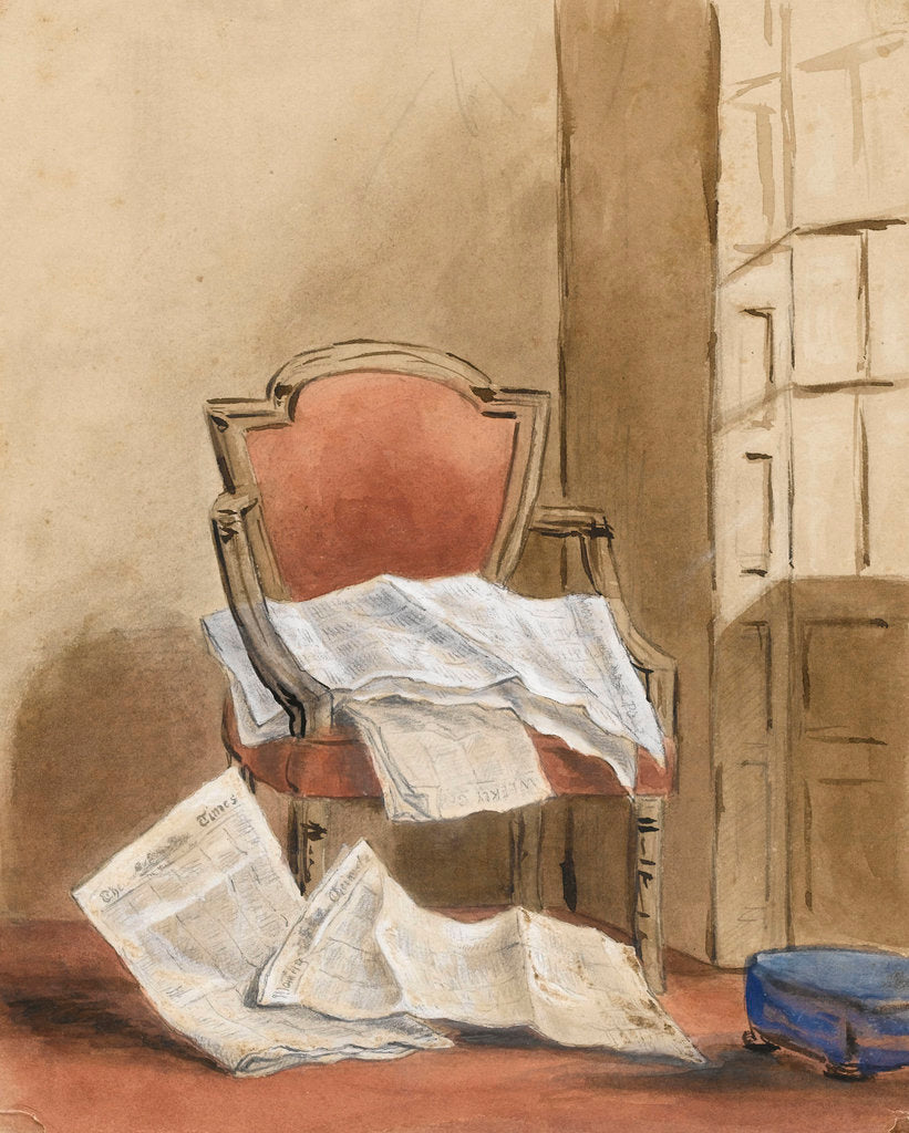 Detail of Study of an armchair with various newspapers by Margaret Louisa Herschel