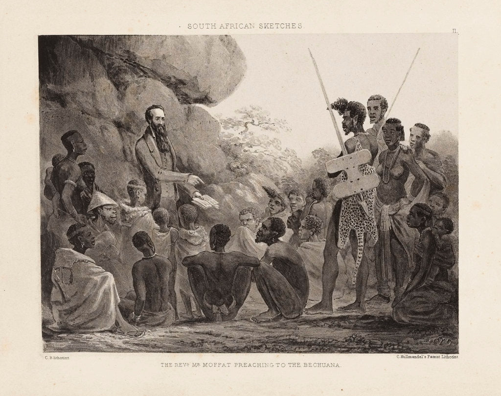 Detail of South African Sketches. Plate II. The Revd Mr Moffat Preaching to the Bechuana by Charles Davidson Bell