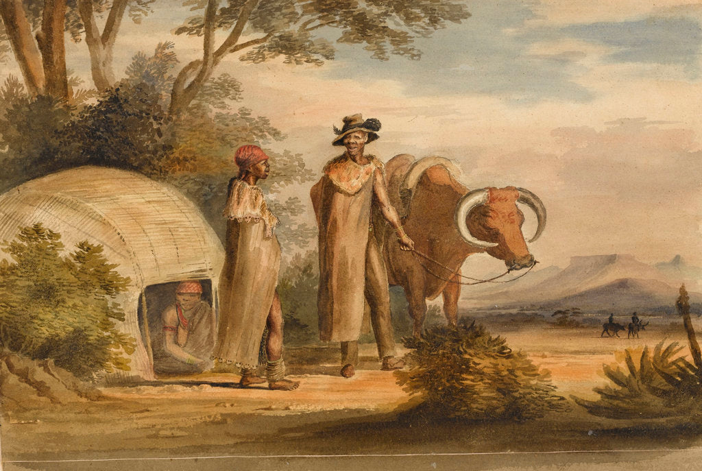 Detail of South African man and woman with an ox, a woman in a native built hut by unknown