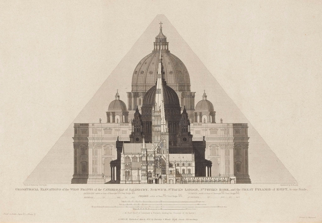 Detail of Geometrical Elevations [...] of the Cathedrals of Salisbury, Norwich, St Paul's London, St Peter's Rome, and the Great Pyramid of Egypt, to one scale.' by T. H. Clarke