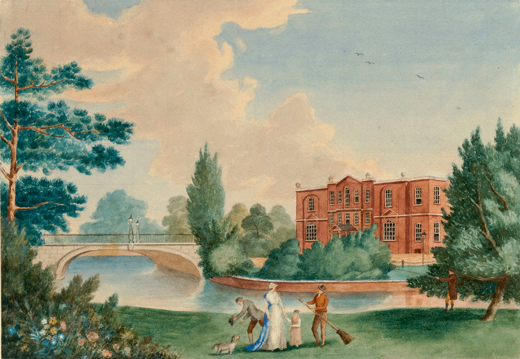 Detail of View of Merton House showing Lady Hamilton and Horatia in the grounds by unknown