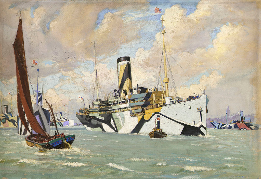 Detail of An armed auxiliary cruiser bringing a convoy of American troops into the River Thames by John Everett