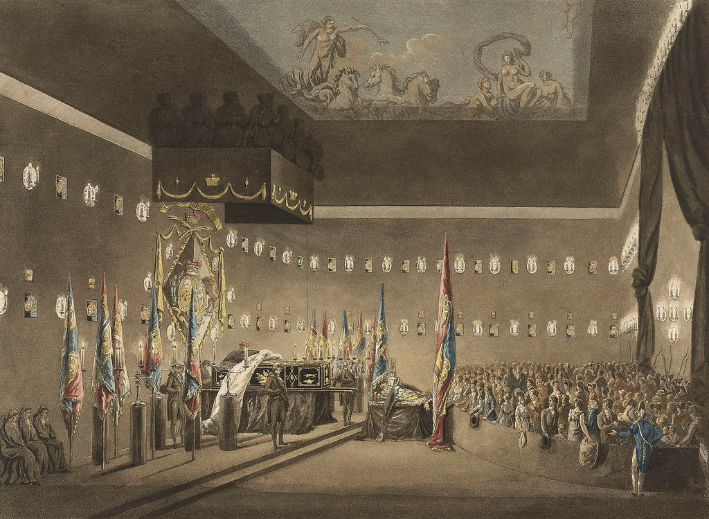 Detail of Remains of Lord Viscount Nelson laying in state in the Painted Chamber at Greenwich Hospital by Augustus Charles Pugin