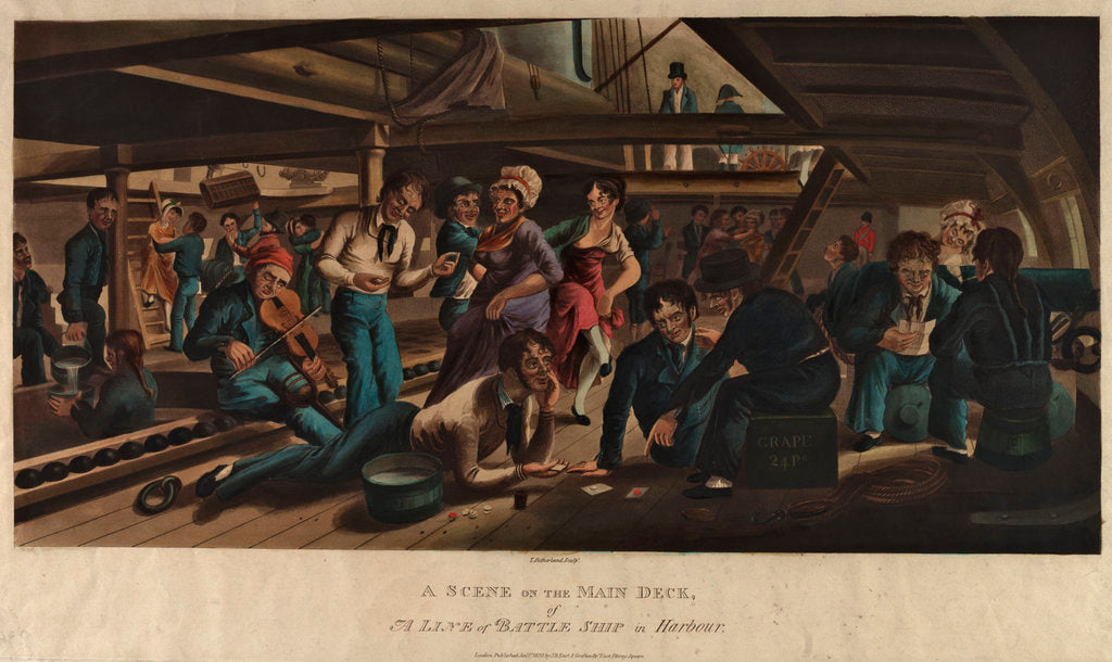 Detail of A scene on the main deck of a line of battle ship in harbour by Thomas Sutherland