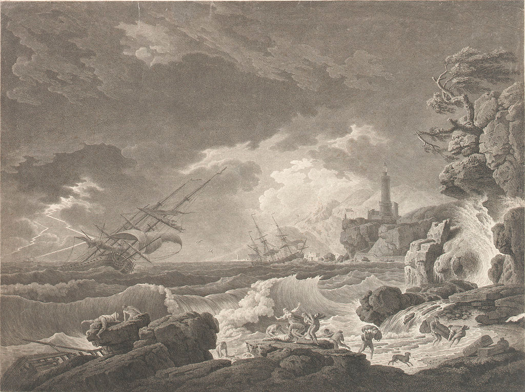 Detail of A Storm Depicting wrecked vessels off a rocky coast with survivors struggling ashore by Vernet