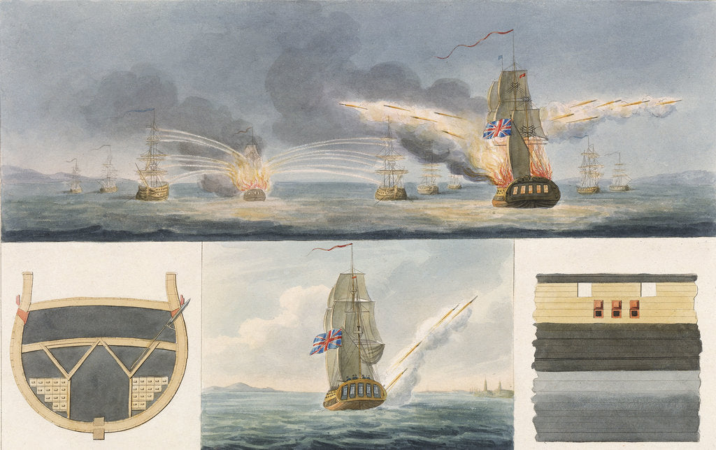 Detail of Fireships firing rockets and details of storage and launch by Colonel Congreve