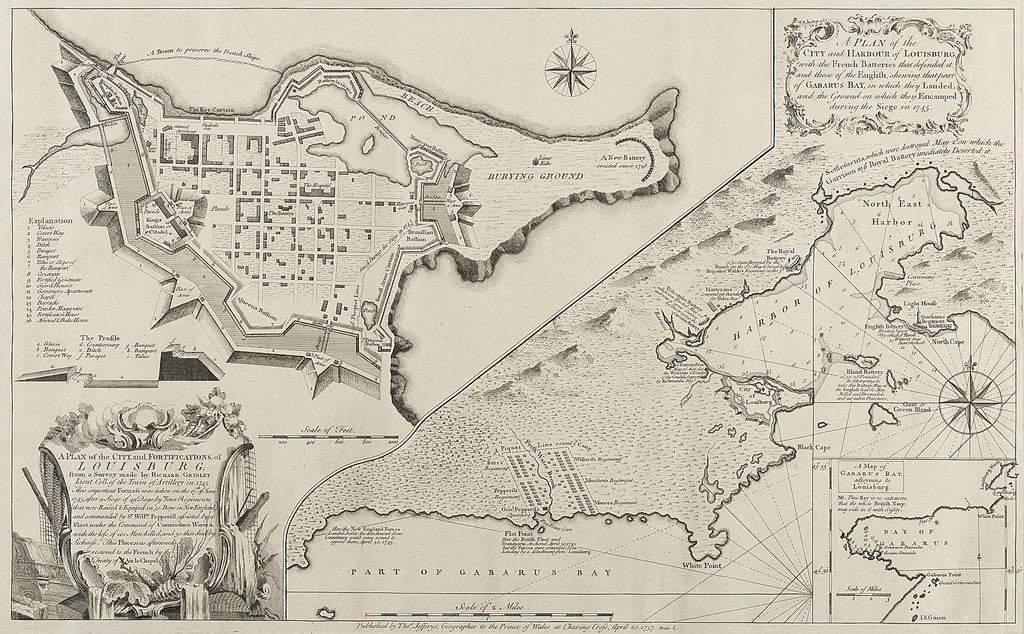 Detail of A plan of the city and harbour of Louisburg, showing Gabarus Bay, during the siege in 1745 by Richard Gridley