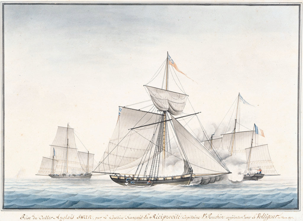Detail of The English cutter 'Swan' taken by French privateers 'La Reciprocite' and 'Le Voltigeur', March 1807 by Houllets