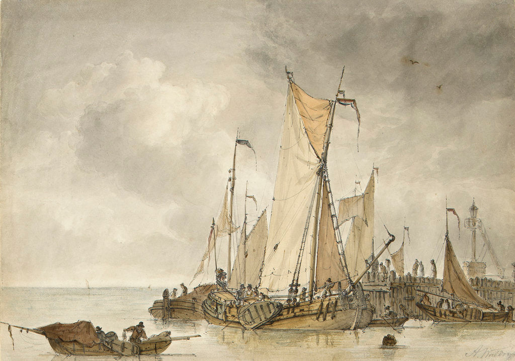 Detail of Dutch vessels off a jetty by Anthonie Waldorp