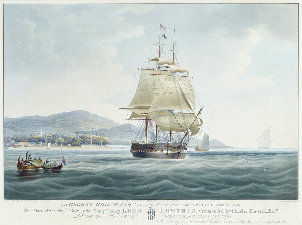 Detail of The East India Company's ship 'Lord Lowther', commanded by Charles Steward, leaving the harbour of Prince of Wales island by William John Huggins