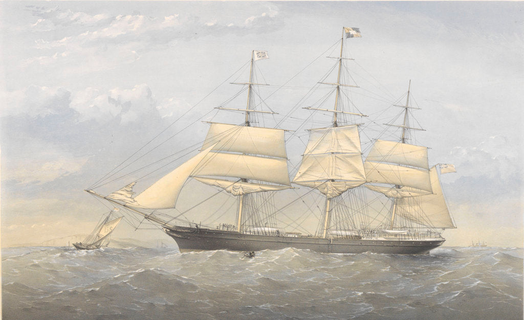 Detail of Clipper Ship 'South Australia' (1863) at sea near a coast by Thomas Goldsworth Dutton