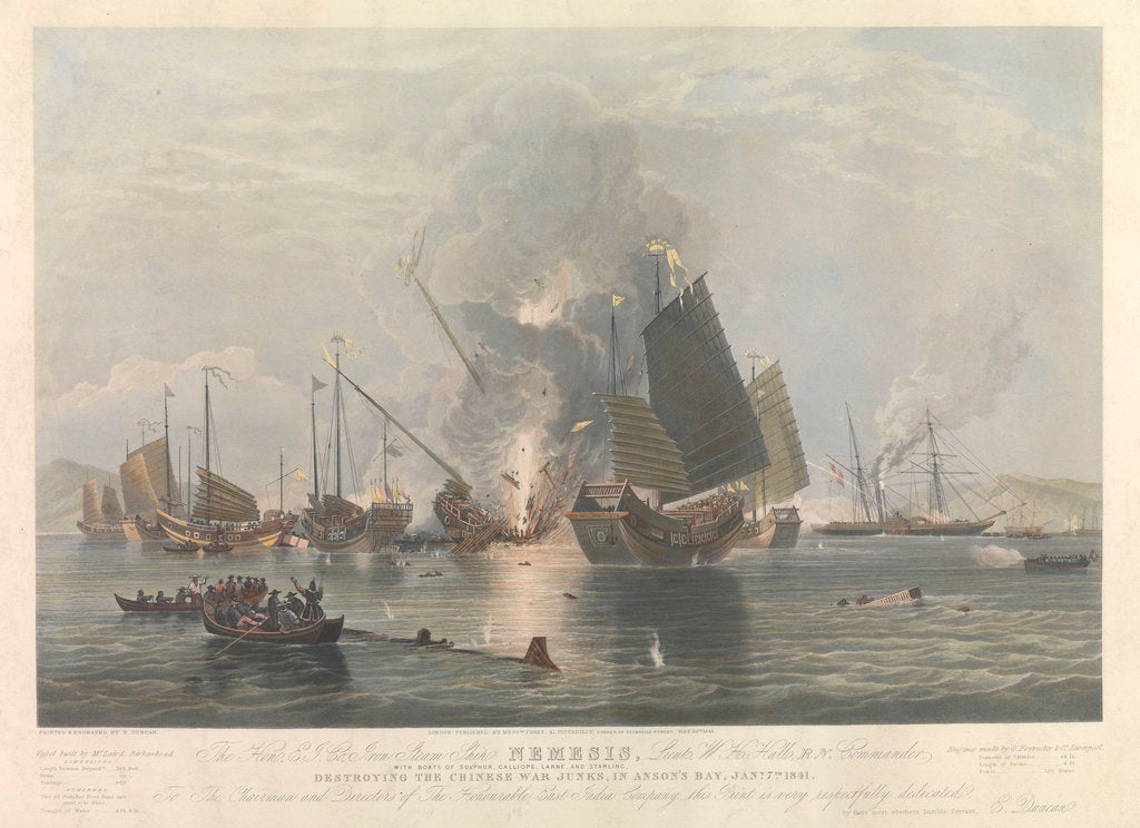Detail of The iron steam ship 'Nemesis' (1840), Lieutenant W. H. Hall, Royal Naval Commander, with boats of 'Sulphur', 'Calliope', 'Larne' and 'Starling', destroying the Chinese War Junks in Anson's Bay, 7 January 1841. by Edward Duncan