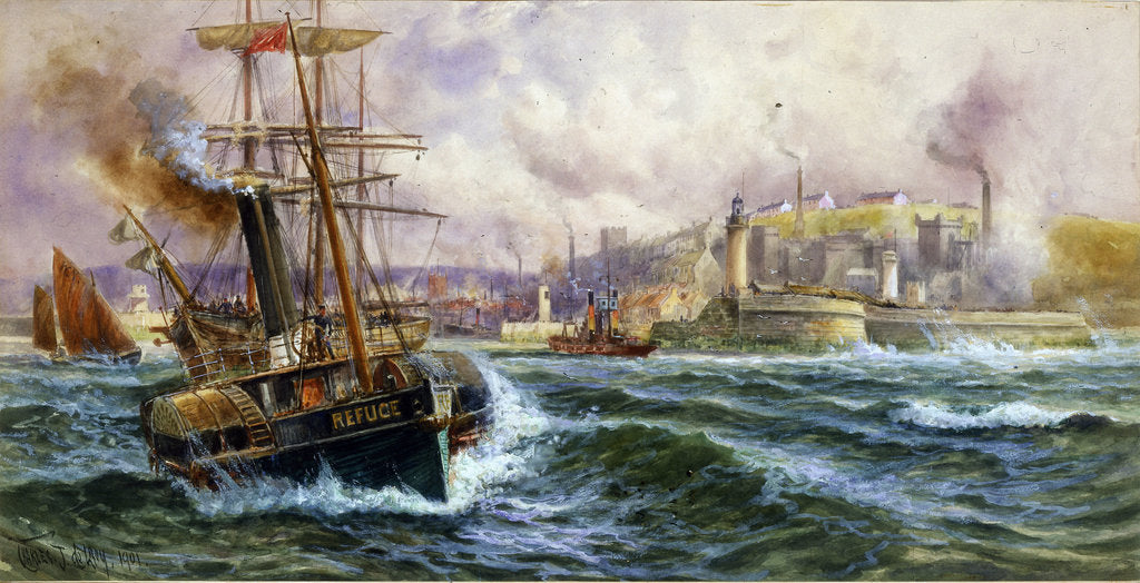 Detail of Paddle tug 'Refuge' towing out of Whitehaven Harbour, 1901 by Charles J de Lacey