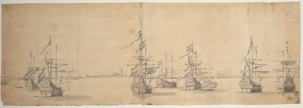 Detail of Dutch ships at anchor off a low shore by Willem van de Velde the Elder