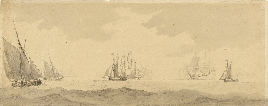 Detail of Small vessels in a fresh breeze with a distant fleet, circa 1673, with later additions by Charles Gore by Willem Van de Velde the Younger