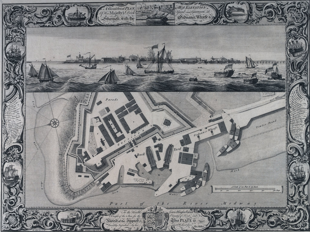 Detail of A geometrical plan & west elevation HM dockyard and garrison at Sheerness with the Ordnance Wharf by Thomas Milton