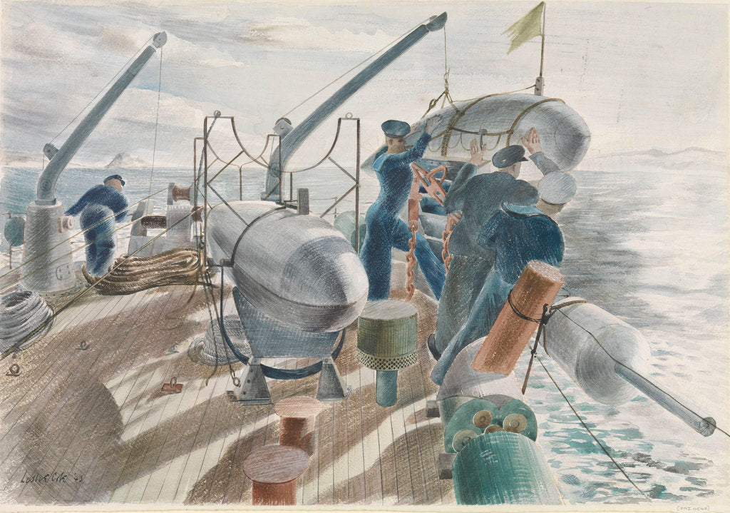Detail of Minesweeping in the Straits of Gibraltar, swinging out an Oropesa by Leslie Cole