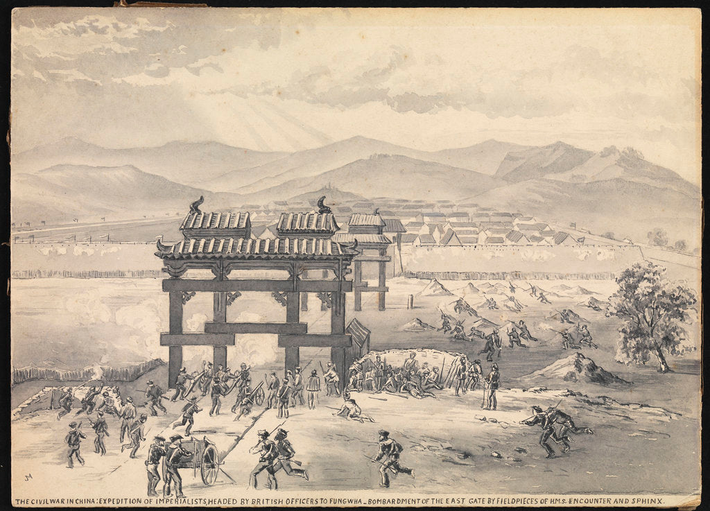 Detail of 7. The Civil War in China: Expedition of Imperialists, headed by British Officers to Fungwha. Bombardment of the East Gate by field pieces of HMS 'Encounter' and 'Sphinx' by MJ