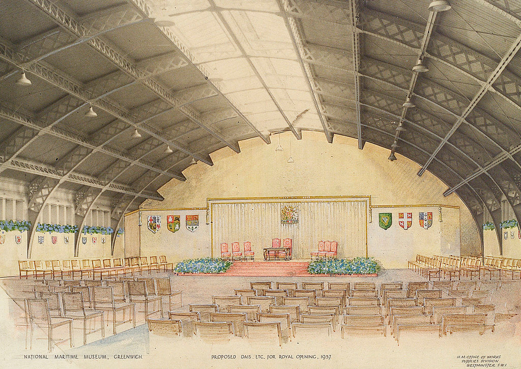 Detail of National Maritime Museum, Greenwich. 'Proposed dais, etc for Royal Opening, 1937 by HM Office of Works