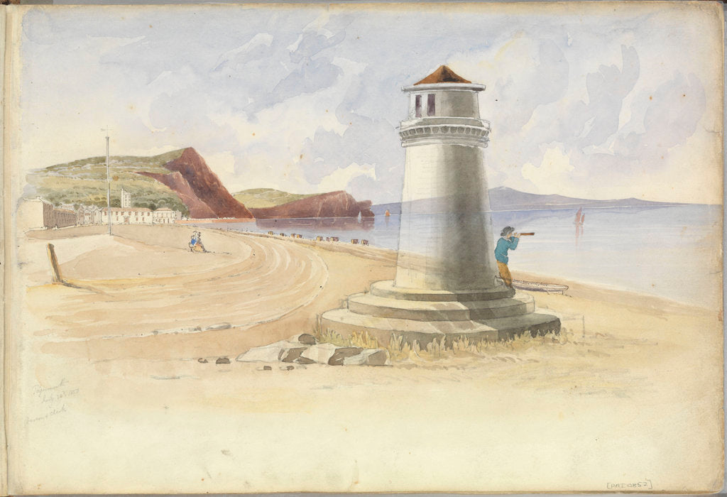 Detail of Scene at Teignmouth, with a figure looking out to sea leaning up against a beacon by George Pechell Mends