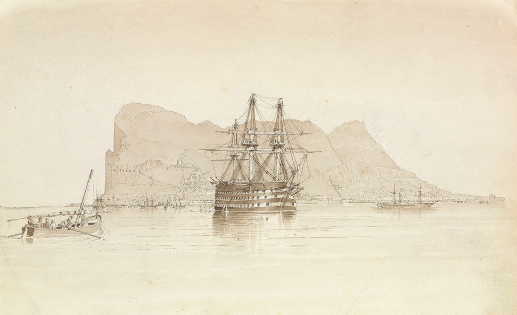 Detail of Gibraltar, with HMS 'Trafalgar' at anchor, a Spanish smuggling boat and the steamer 'Oberon', 26 August 1851 by George Pechell Mends