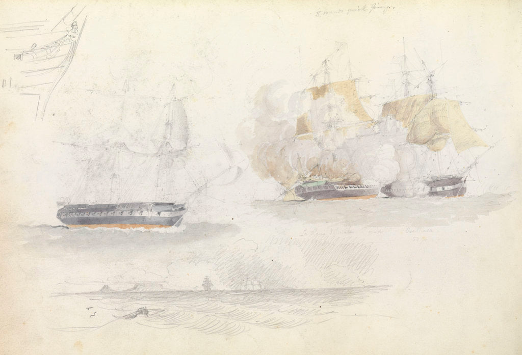 Detail of Four shipping studies, including of a frigate action by George Pechell Mends