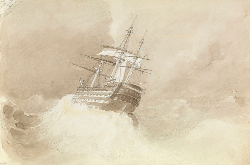 Detail of HMS 'Trafalgar' losing her rudder-head in a north-easterly gale off Malta, 1 February 1852 by George Pechell Mends