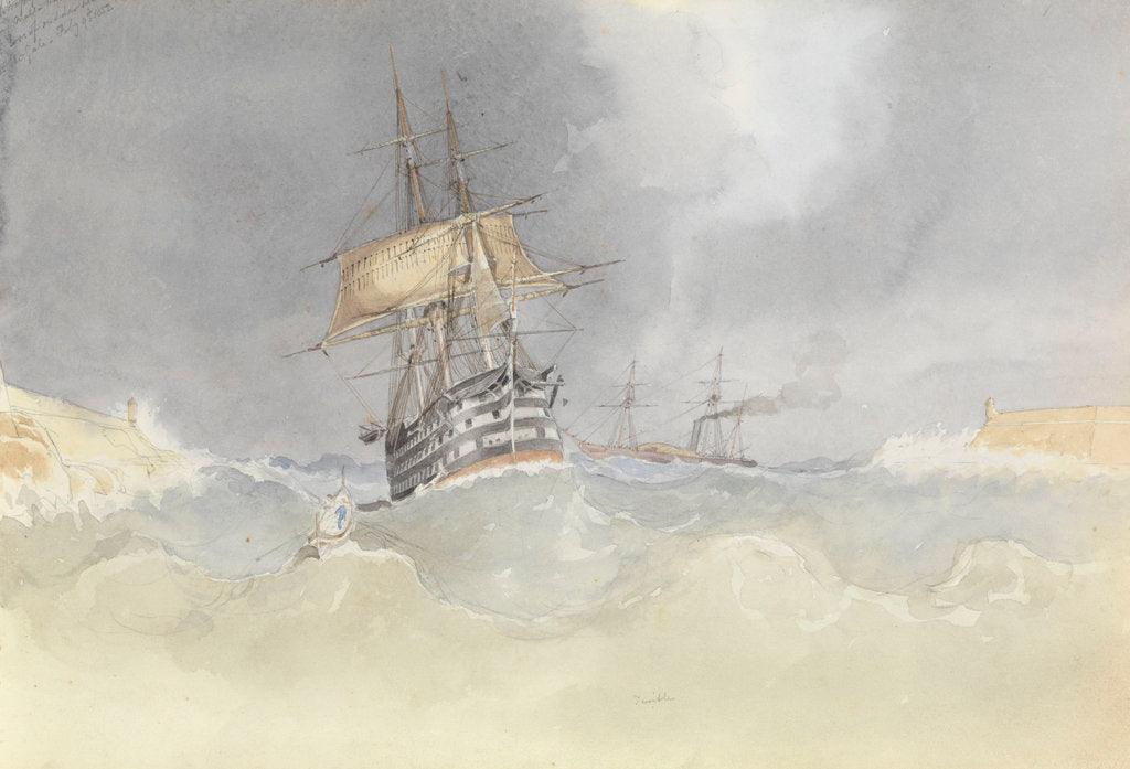 Detail of HMS 'Trafalgar' sailing into Malta Harbour with loss of  her rudder head after a gale, 9 February 1852 by George Pechell Mends