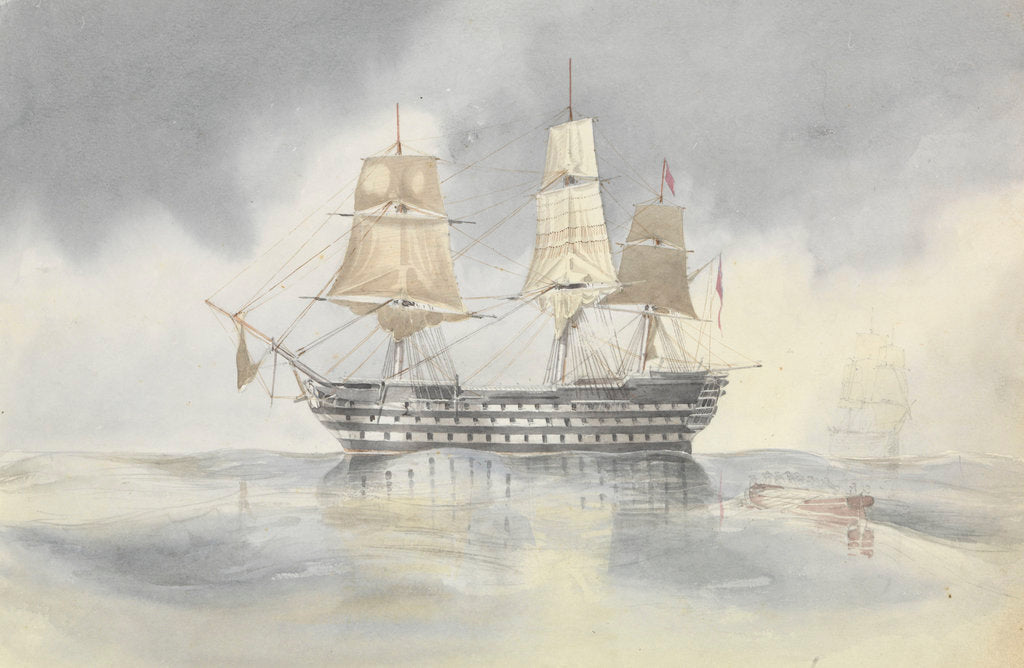 Detail of 'Britannia' hove to in a calm to receive a boat, probably near Cape Carthage, flying the flag of Rear-Admiral Dundas, 27 April 1852 by George Pechell Mends