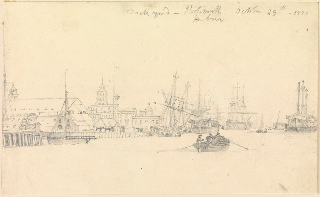 Detail of Portsmouth Dockyard, Portsmouth Harbour, 1821 by John Christian Schetky