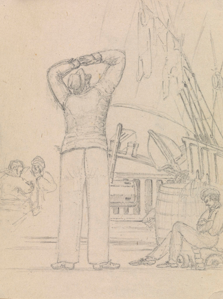 Detail of Deck scene with men relaxing and another looking up to the rigging by Robert Streatfeild