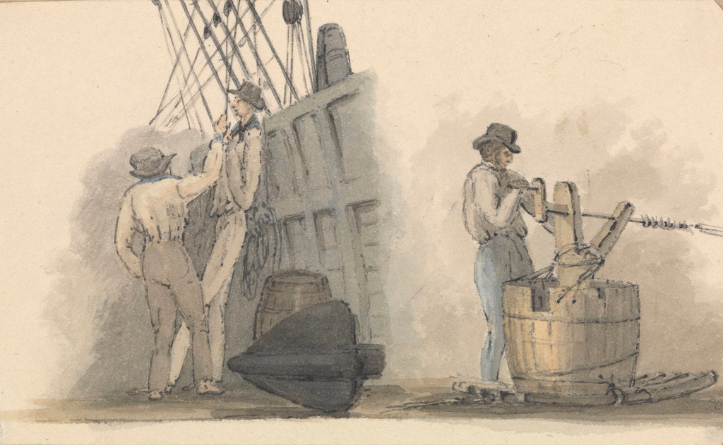 Detail of Two deck scenes, two men relaxing on deck, and a man working a winding handle fixed on a barrel by Robert Streatfeild