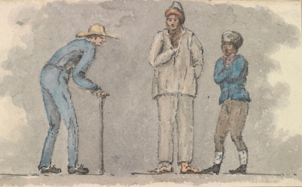 Detail of Three male figures, one bent over using a walking stick by Robert Streatfeild