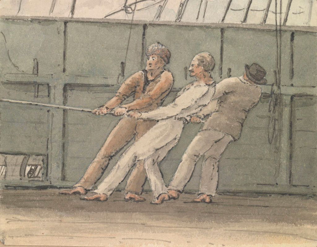 Detail of Deck scene with three men hauling on a rope by Robert Streatfeild