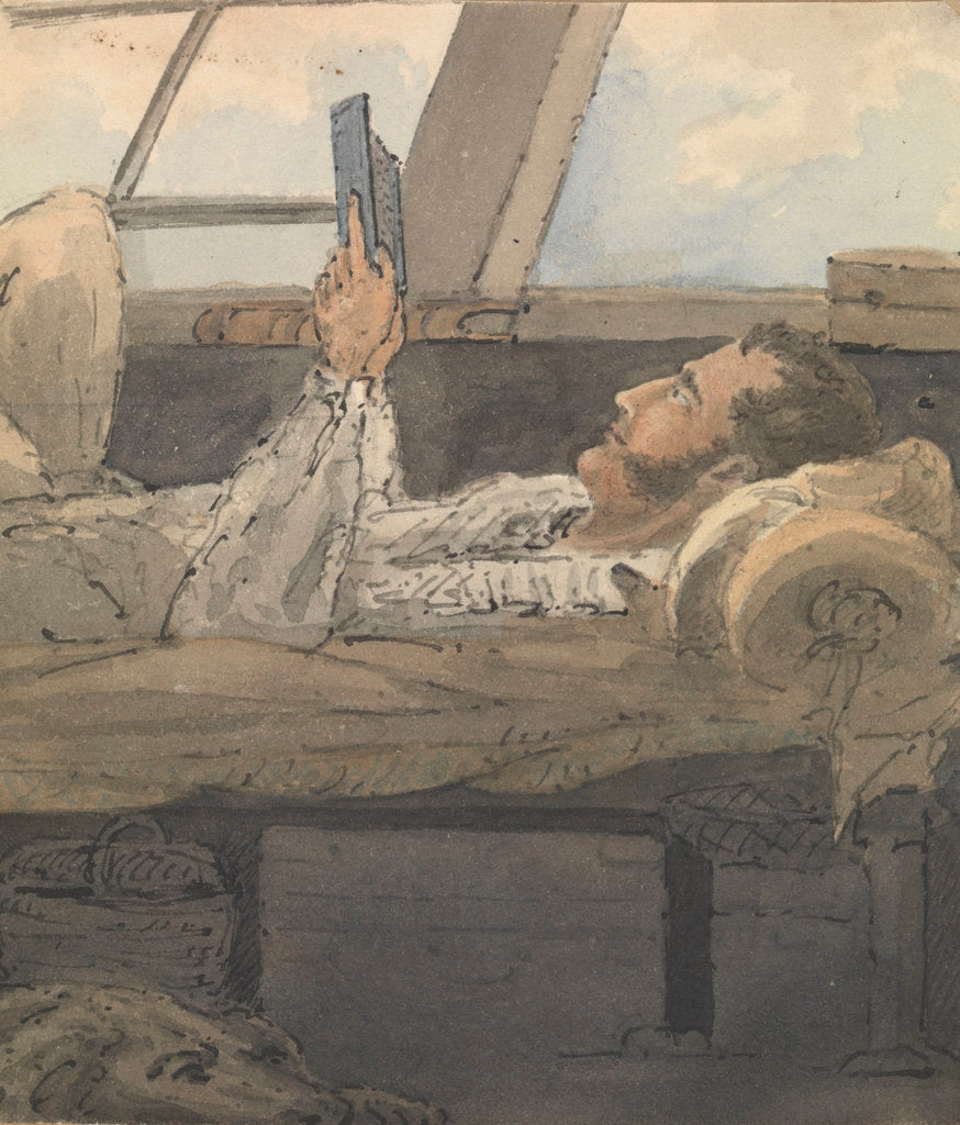 Detail of Cabin scene with man lying down reading a book by Robert Streatfeild