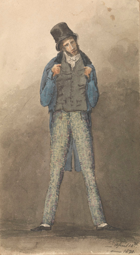 Detail of Man standing with legs astride, wearing black hat, blue jacket and tweed trousers by Robert Streatfeild