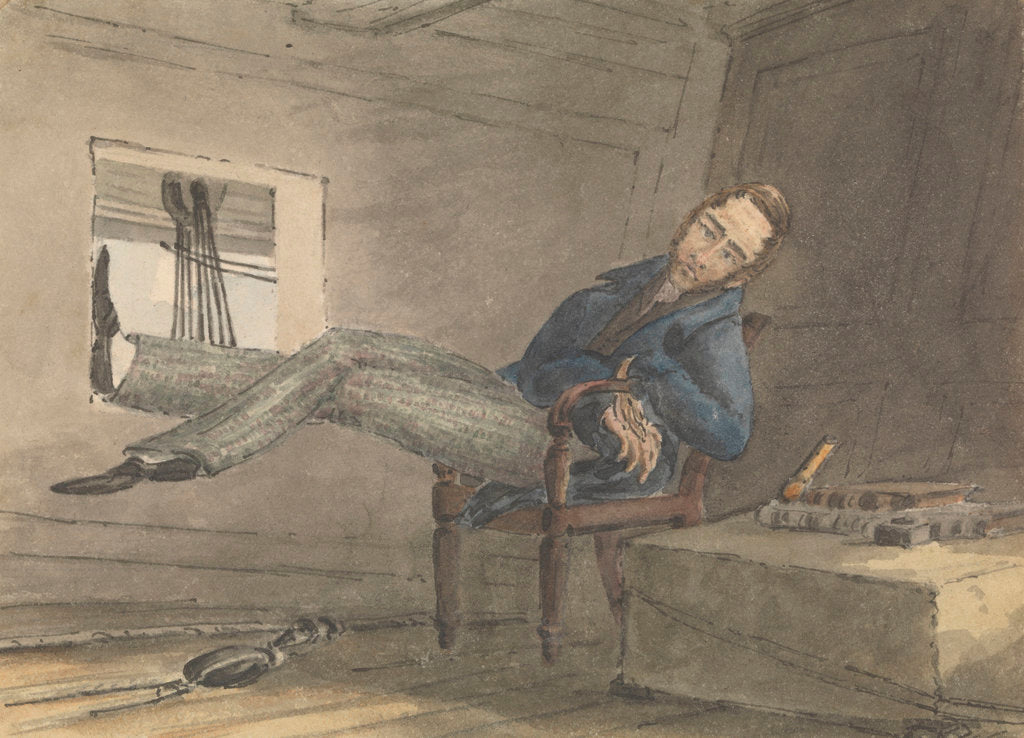 Detail of Cabin scene, man relaxing in a chair, with his feet up by Robert Streatfeild