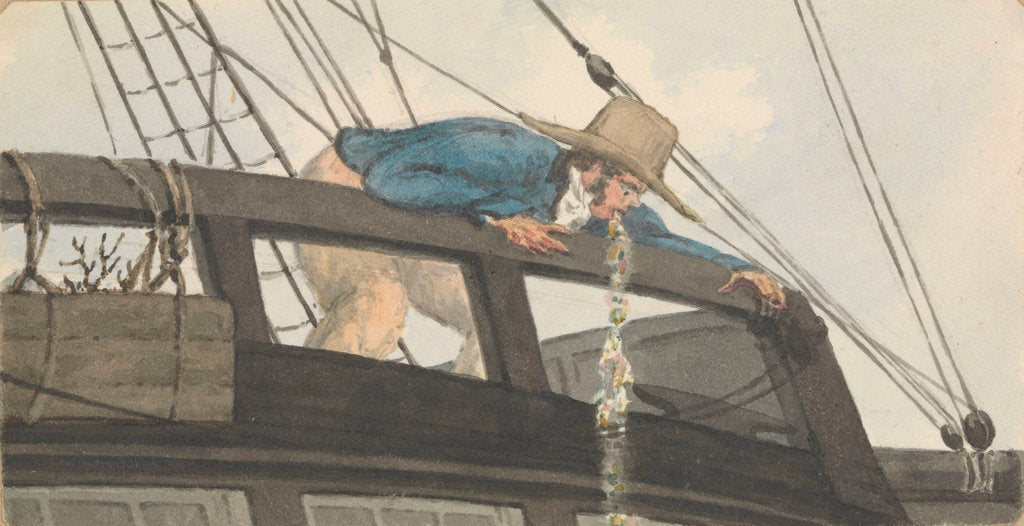 Detail of Deck scene, man being seasick over the ship's rail by Robert Streatfeild