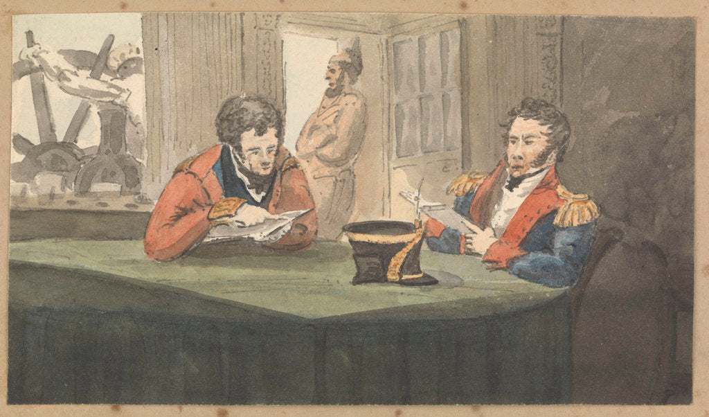 Detail of A cabin scene with two army officers sitting and reading at a table by Robert Streatfeild