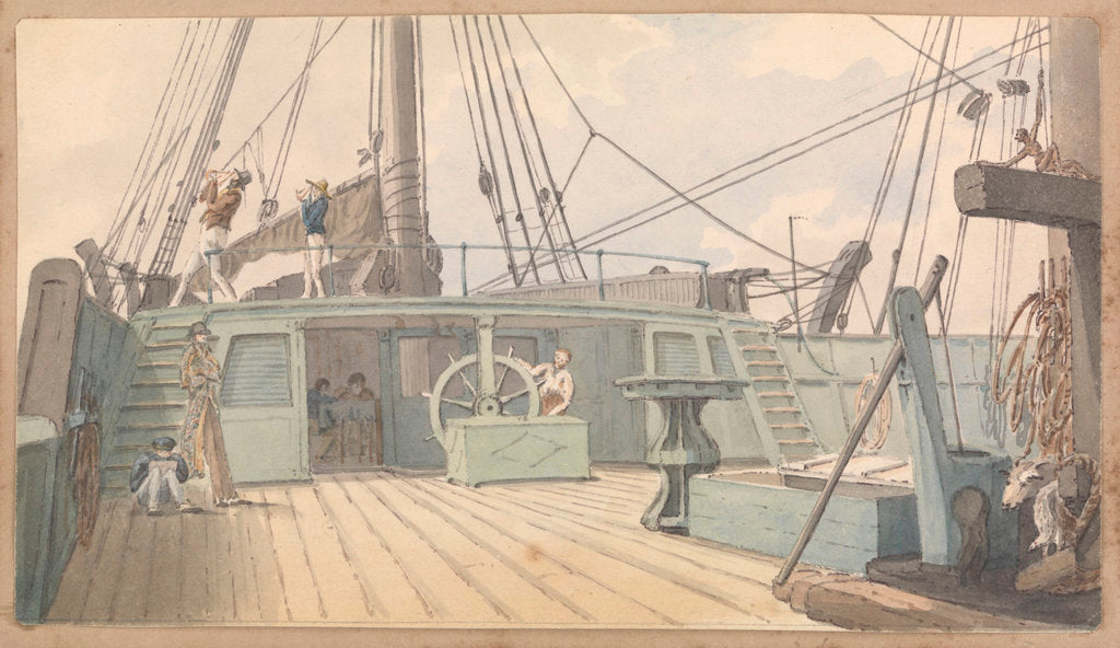 Detail of Deck scene, with man at the wheel, and another two taking sextant readings by Robert Streatfeild