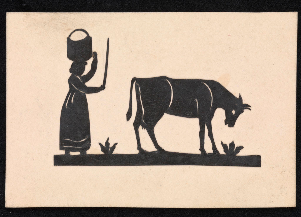 Detail of Silhouette of a woman with basket on her head, and a cow grazing, cut out and stuck on white background by unknown