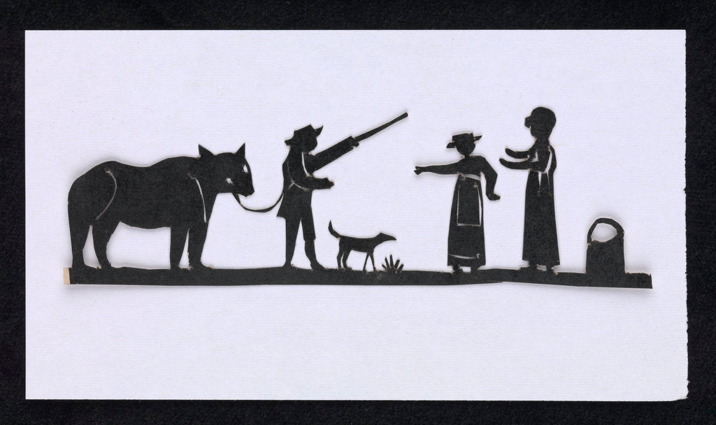 Detail of Silhouette of a man leading a bear with a dog meeting up with two women, cut out and placed on yellow backround by unknown