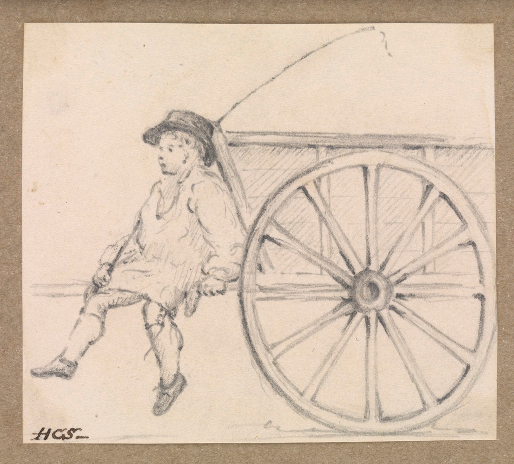Detail of Small sketch of a farm-hand sitting on a cart by Robert Streatfeild