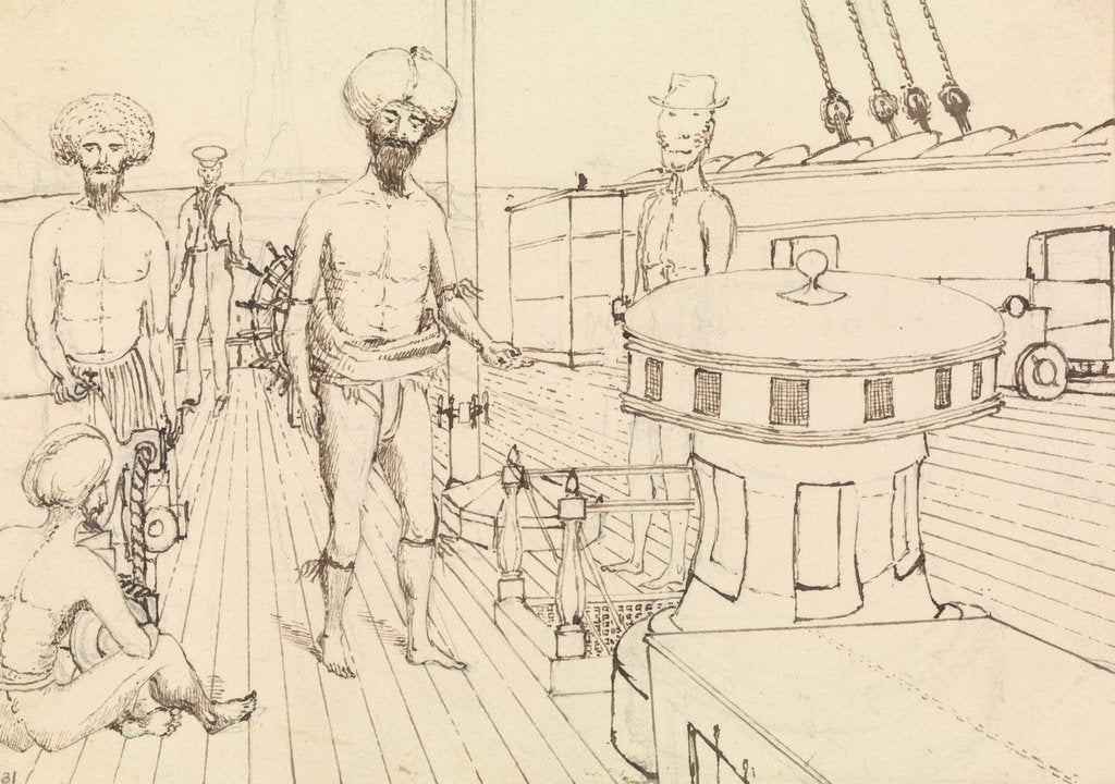 Detail of 'Seru [Seru Epenisa Cakobau (Thakombau)] , on board, and Masomalua (in the hat), Octr 1849 [Fiji] by Edward Gennys Fanshawe