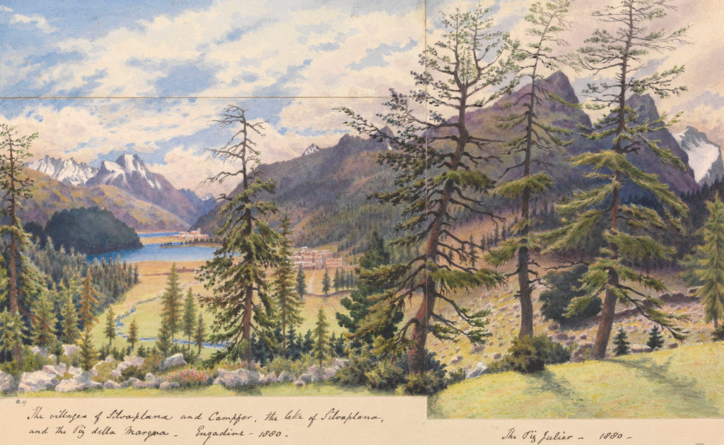 Detail of The villages of Silvaplana and Campfer, the Lake of Silvaplana and the Piz della Margna, Engadine [with] The Piz Julier, 1880 [Switzerland] by Edward Gennys Fanshawe