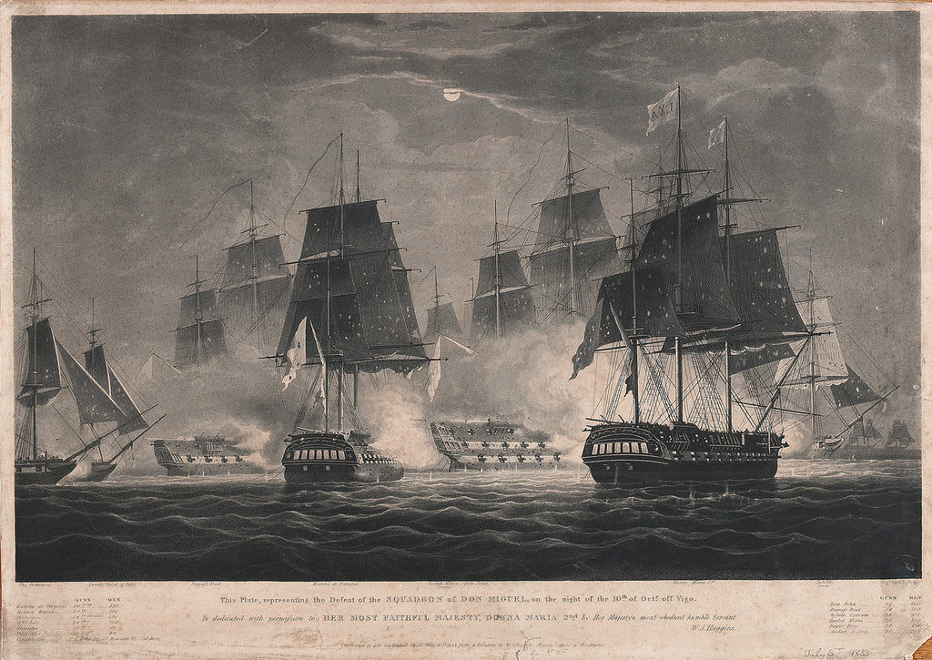 Detail of This Print, representing the Defeat of the Squadron of Don Miguel, on the night of the 10th of Octr off Vigo. Is dedicated...to Her Most Faithful Majesty, Donna Maria 2nd... by William John Huggins