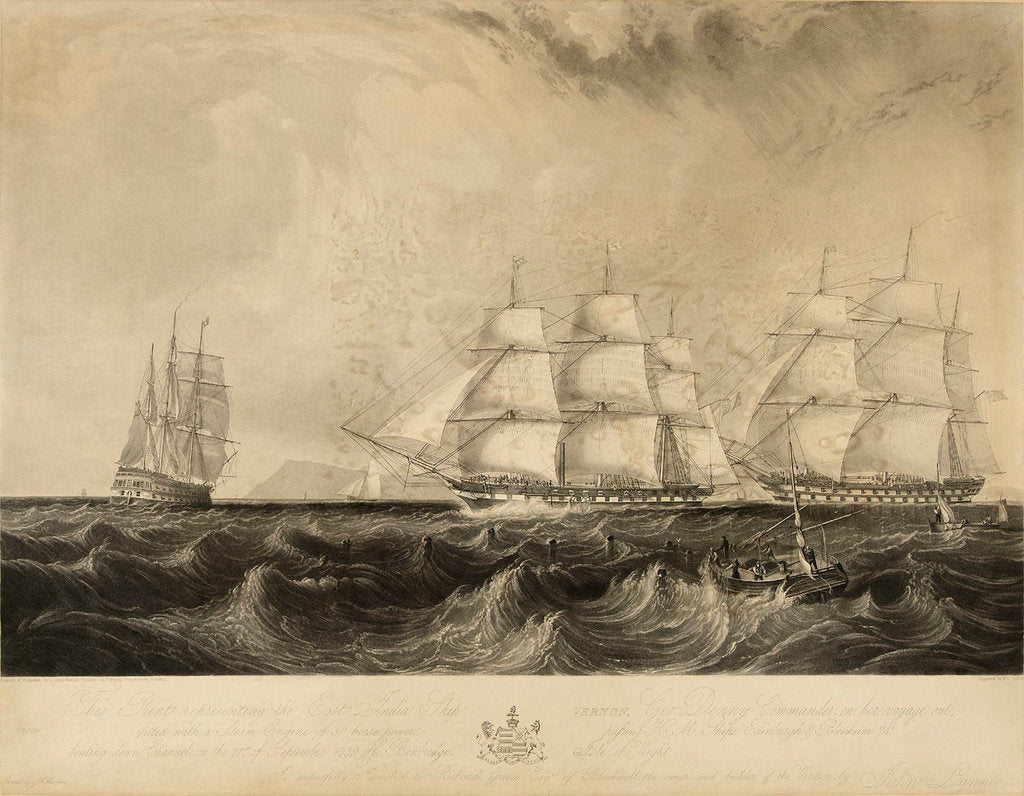 Detail of This print representing the East India Ship 'Vernon', Geo. Denny, Commander, on her voyage out, fitted with a Steam Engine of 30 horse power, passing HM ships Edinburgh & Blenheim 74 beating down Channel on the 21st of September 1839 off Benbridge [sic, i by W. O. Geller
