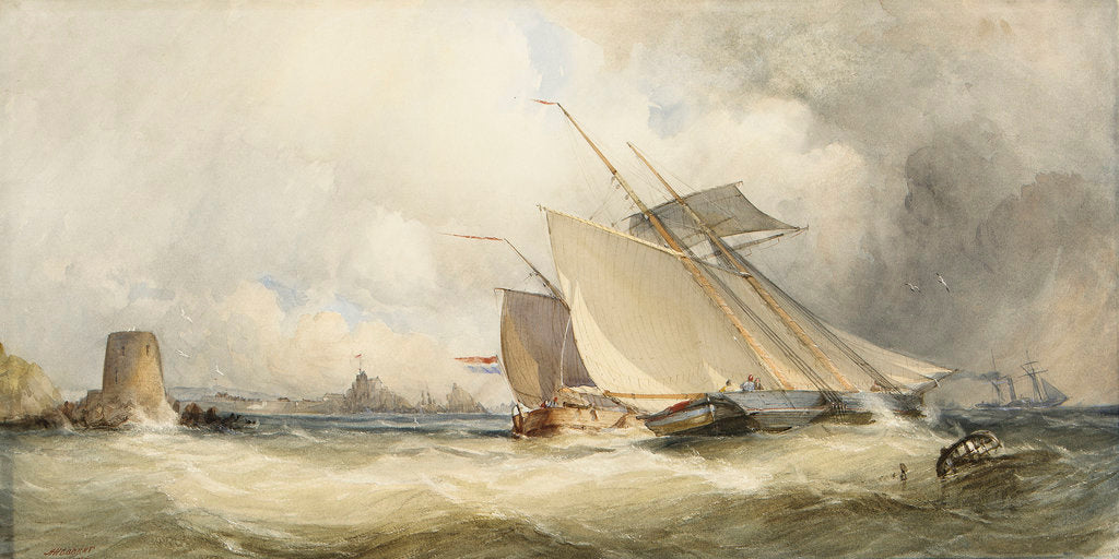 Detail of A schooner and a Dutch vessel close hauled in a fresh breeze in St Helier's Bay, Jersey, 1846 by Alfred Herbert